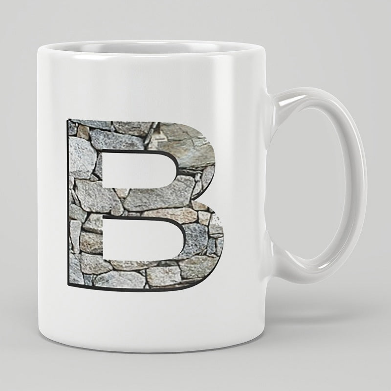 Tailorly White Ceramic 11 oz Mug - B Rustic Stacked Stone Texture Filling A Bold Large Block Letter B