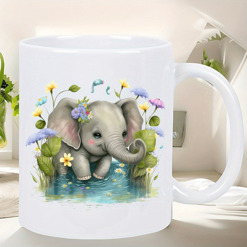 Tailorly White Ceramic 11 oz Mug - Adorable Small Baby Playing In Blue Sparkling Water Among Pretty Wildflower Elephant