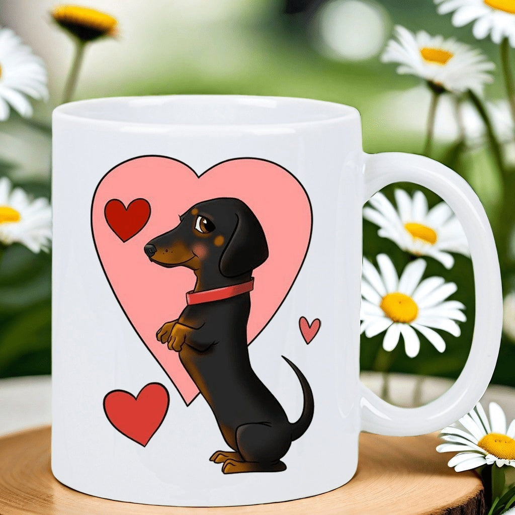 Tailorly White Ceramic 11 oz Mug - Adorable Cartoon Sausage Dog Standing Inside A Large Pink Heart Dachshund