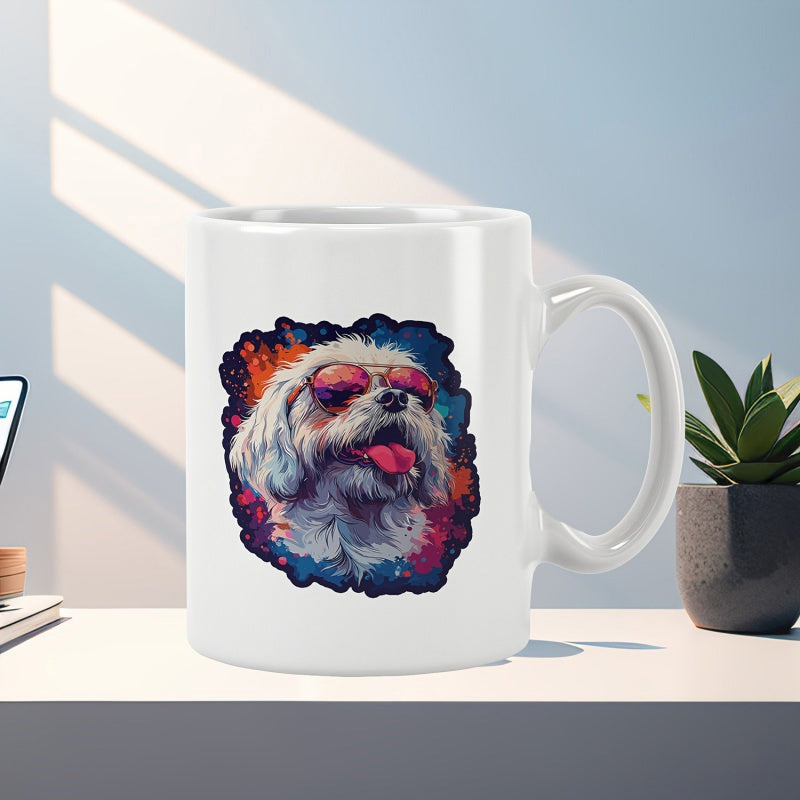 Tailorly White Ceramic 11 oz Mug - Cute Fluffy White Pup Wearing Cool Pink Sunglasses With Colorful Art Dog