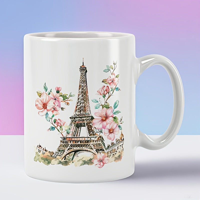 Tailorly White Ceramic 11 oz Mug - Elegant Watercolor Pink Flowers Blooming Around The Iconic Parisian Eiffel Tower