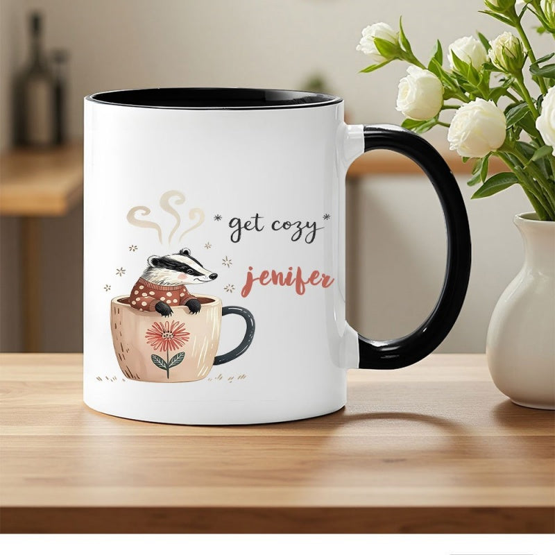 Tailorly Black Accent 11 oz Mug - badger in a polka dot sweater sitting in a cup with floral patterns