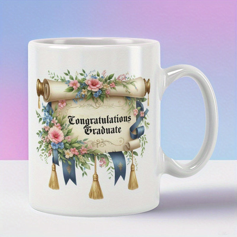 Tailorly White Ceramic 11 oz Mug - Congratulations Graduate Vintage Parchment Adorned With Elegant Pink Roses And Blue Tassels Scroll