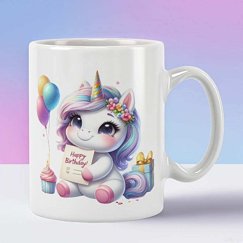 Tailorly White Ceramic 11 oz Mug - Happy Birthday Adorable Magical Creature With Rainbow Hair Holding Greeting Card Among Balloons Unicorn