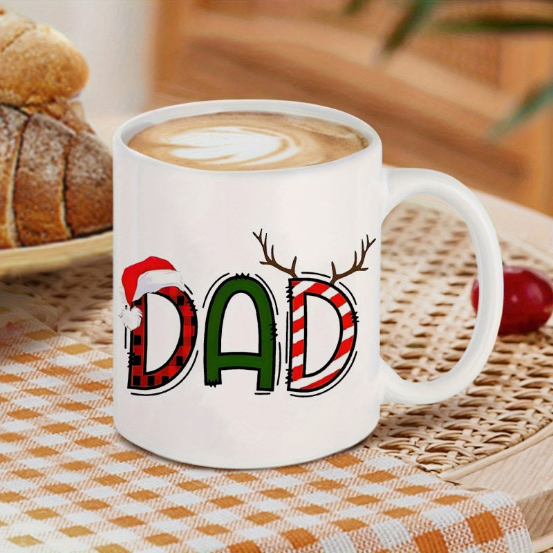 Tailorly White Ceramic 11 oz Mug - Dad With Festive Christmas Antlers And Santa Hat Decorating Plaid Pattern Mug