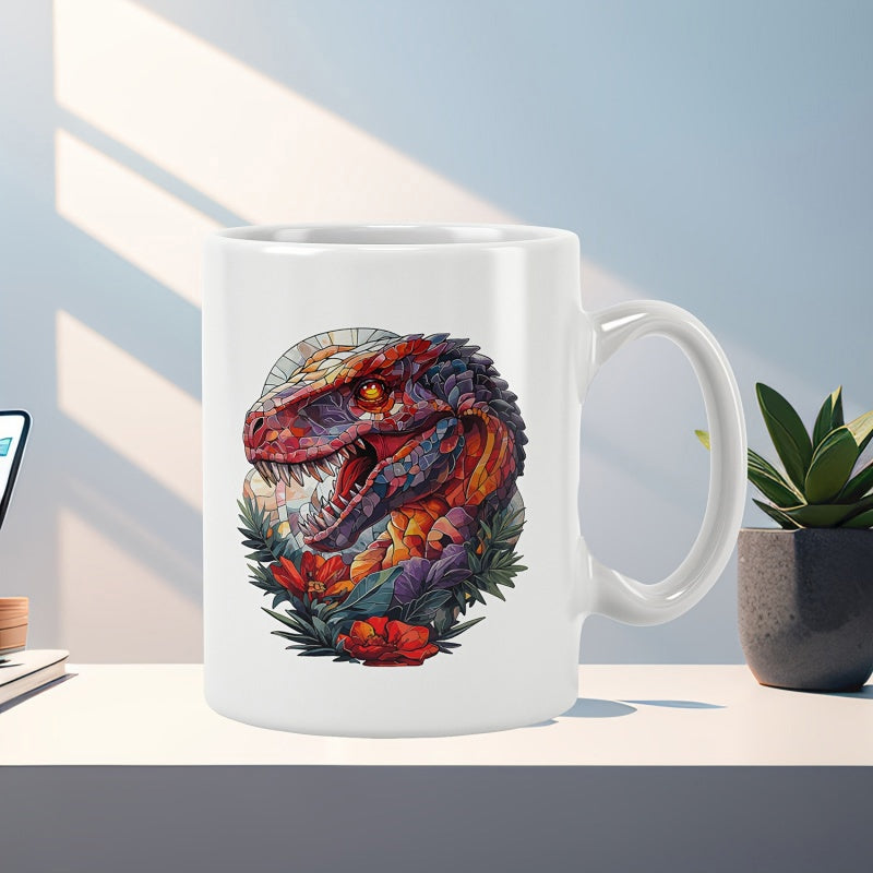 Tailorly White Ceramic 11 oz Mug - Vivid Red And Purple Ferocious Dinosaur Roaring Amidst Vibrant Tropical Floral Leaves Dinosaur