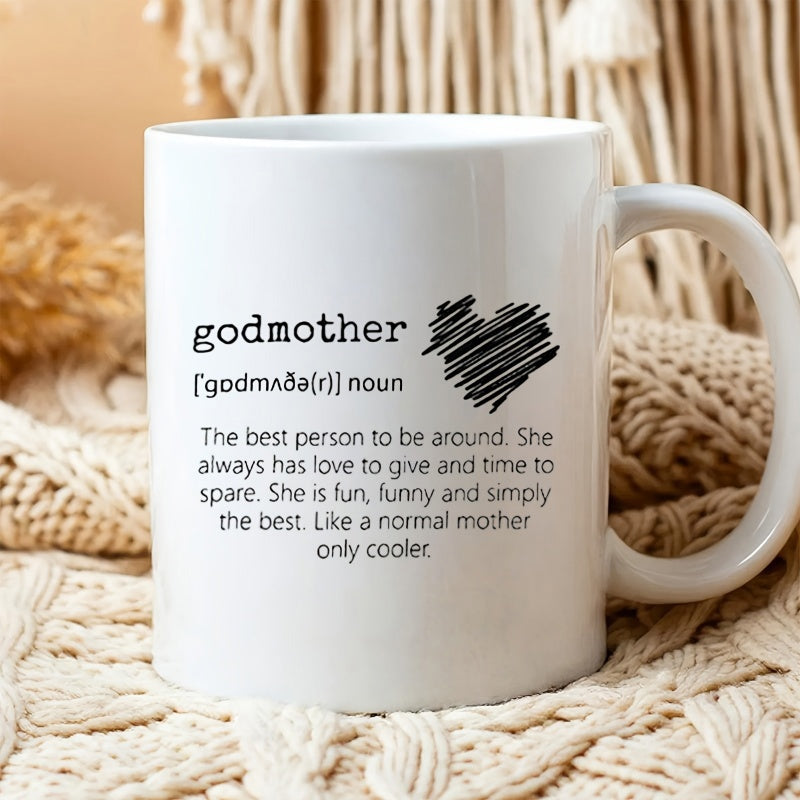 Tailorly White Ceramic 11 oz Mug - Godmother Scribbled Black Ink Design Featuring A Sentimental Dictionary Definition Style Heart
