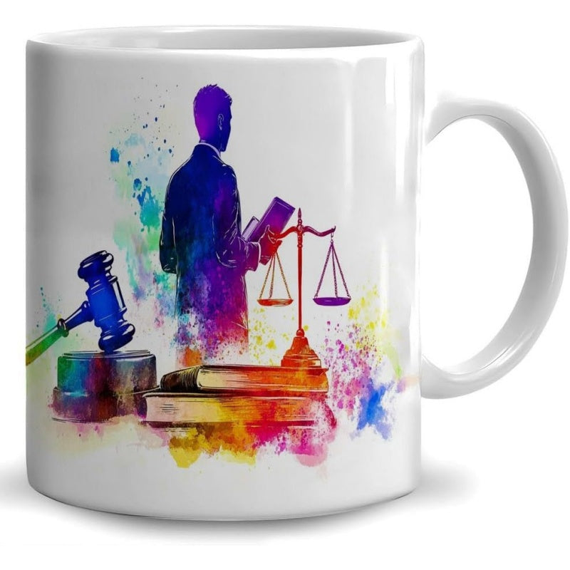 Tailorly White Ceramic 11 oz Mug - Colorful Watercolor Splatter Justice Scale Gavel And Legal Books Silhouette Lawyer