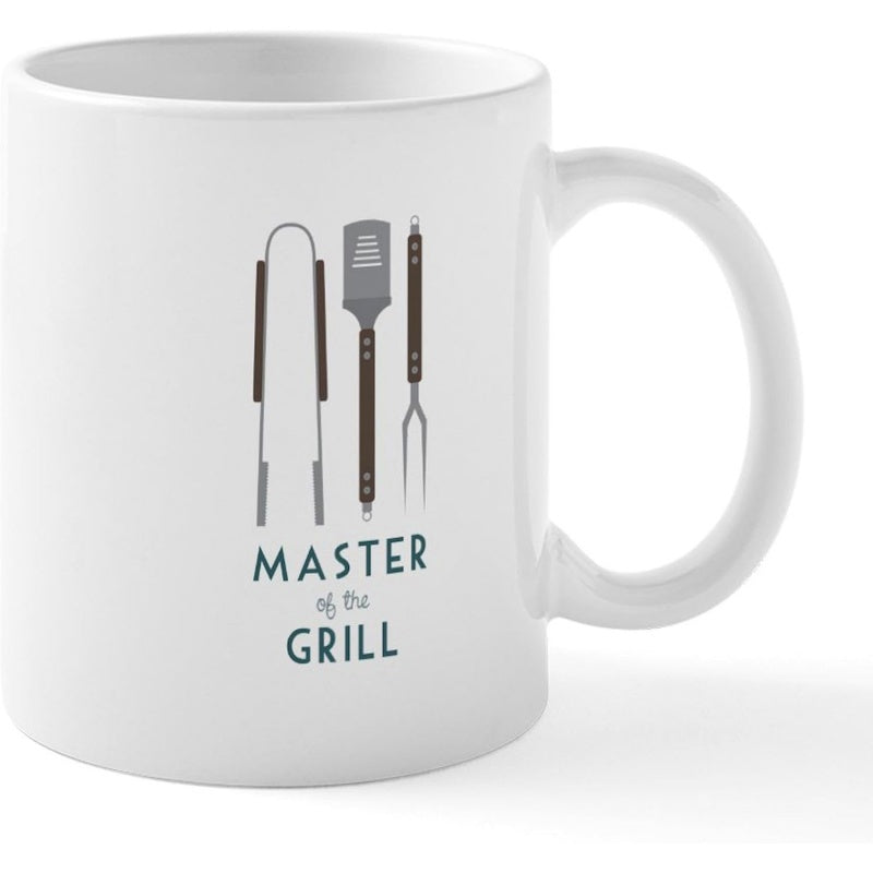 Tailorly White Ceramic 11 oz Mug - Master Of The Grill Minimalist Dark Gray Barbecue Cooking Tools Standing Neatly Together Utensils