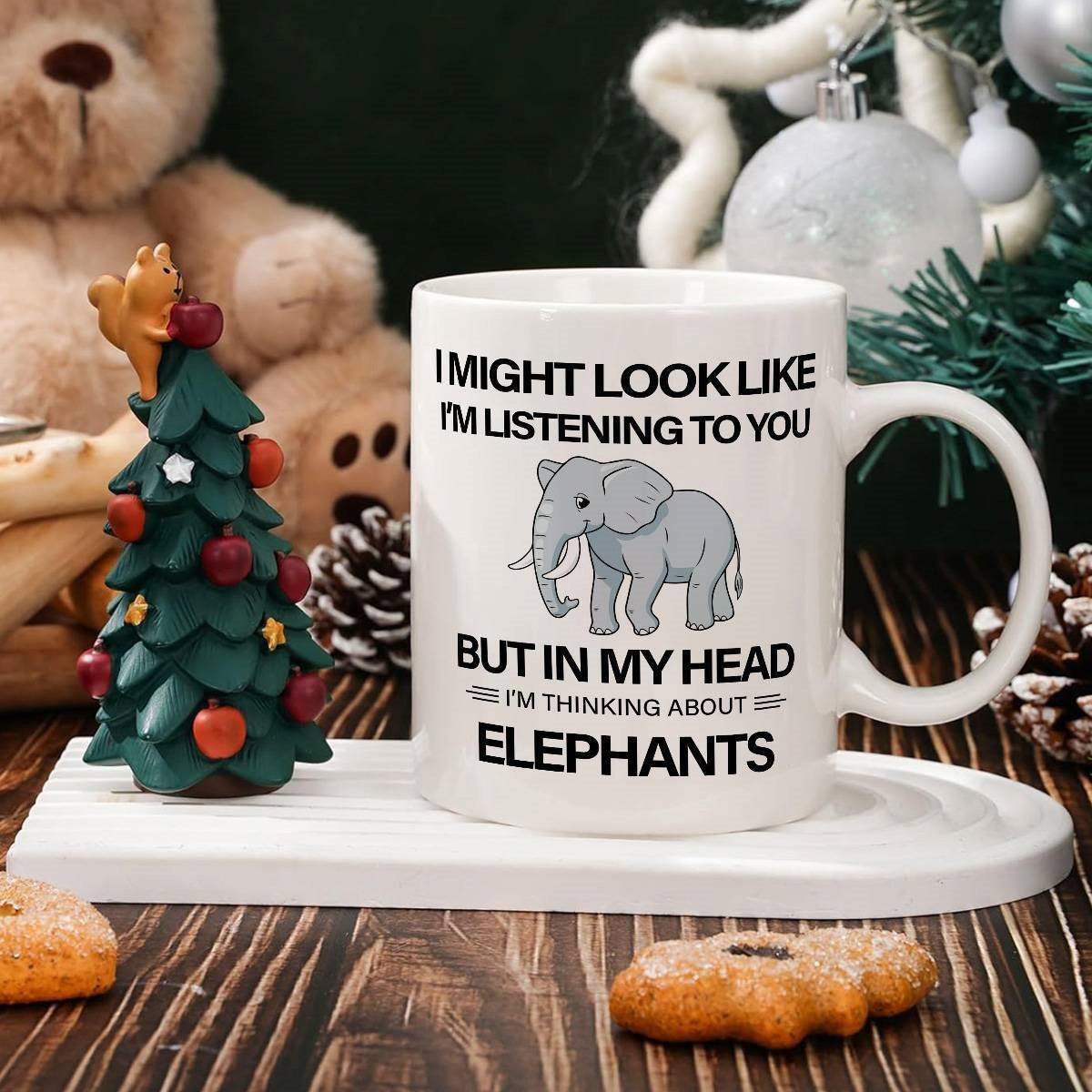 Tailorly White Ceramic 11 oz Mug - I Might Look Like Im Listening To You But In My Head Im Thinking About Elephants Simple Grey Cartoon Animal Standing On Elephant