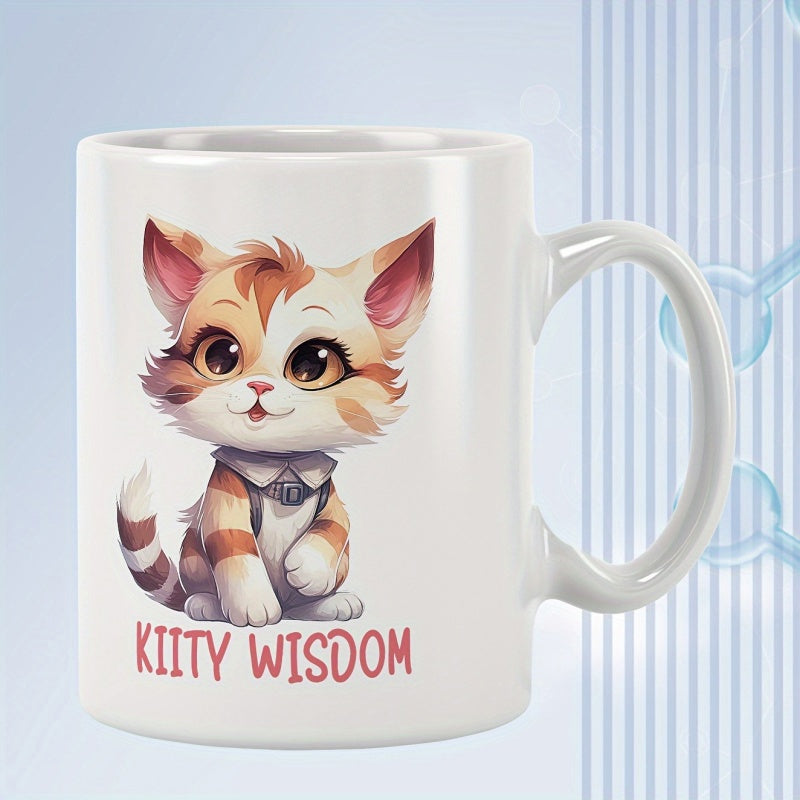 Tailorly White Ceramic 11 oz Mug - Kiity Wisdom Adorable Cartoon Kitten Sitting Peacefully With Expressive Eyes And Striped Tail Kitten