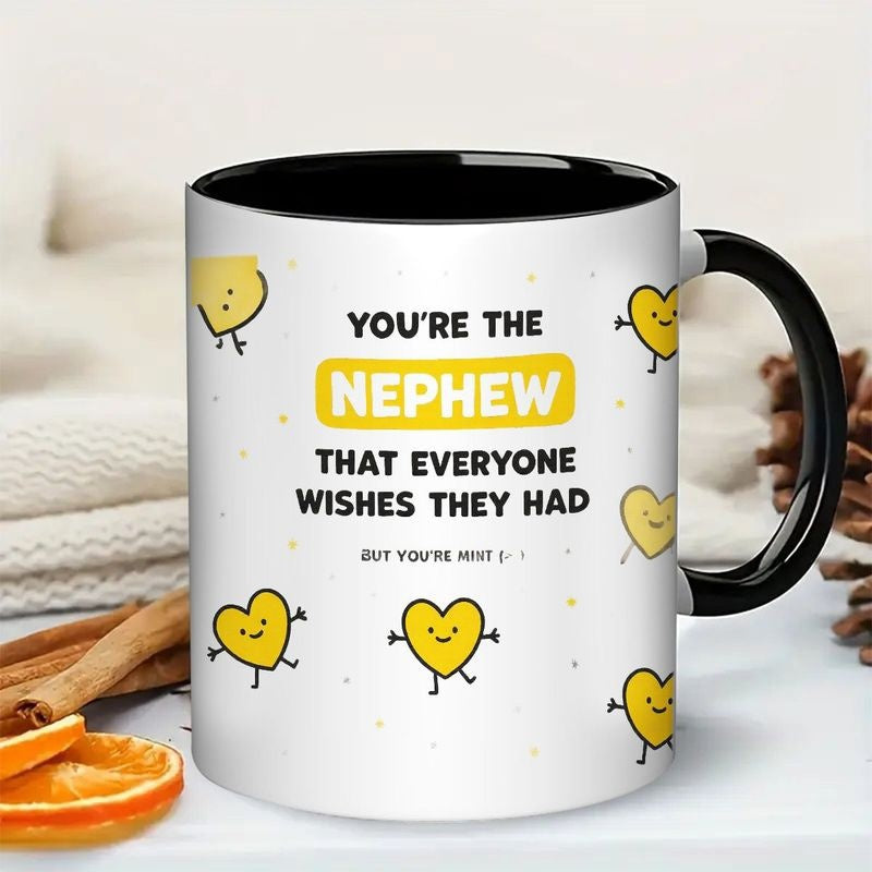 Tailorly Black Accent 11 oz Mug - funny "you're the nephew everyone had coffee" text