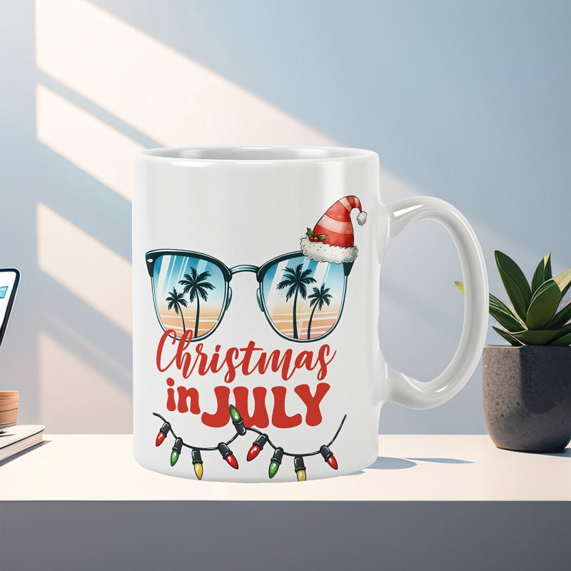 Tailorly White Ceramic 11 oz Mug - Christmas In July Festive Holiday Theme With Tropical Palm Trees And Colorful Festive Lights Sunglasses