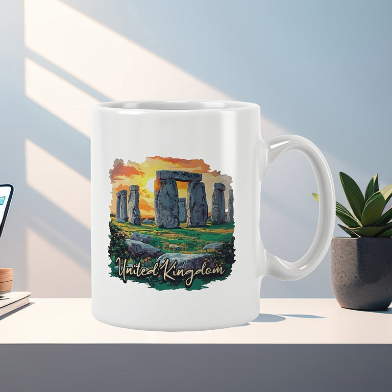 Tailorly White Ceramic 11 oz Mug - United Kingdom Historic Stone Monoliths Under A Vibrant Golden Sunset Grassy Field Stonehenge