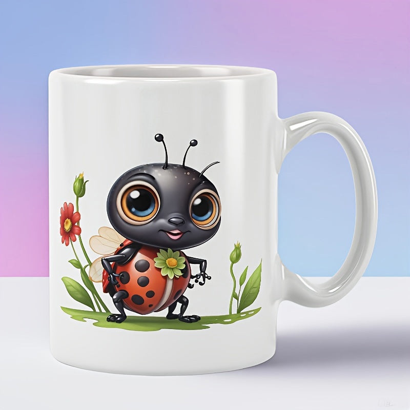 Tailorly White Ceramic 11 oz Mug - Cute Character Among Tiny Red Garden Flowers And Green Leaves Ladybug