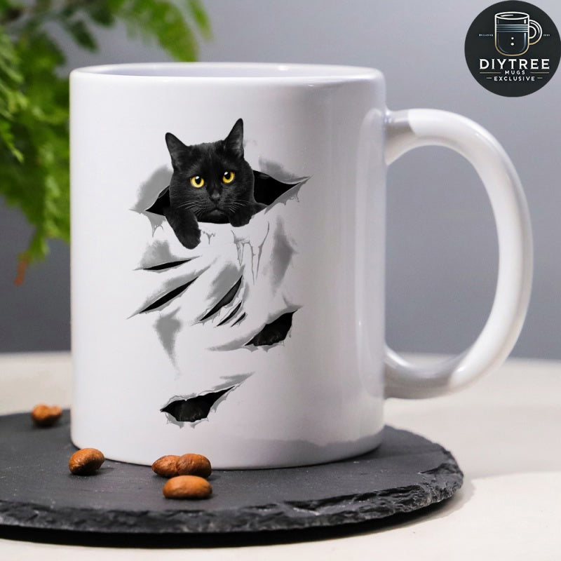 Tailorly White Ceramic 11 oz Mug - Mysterious Black Cat Peering Through A Realistic Torn Paper Ripped Effect Cat