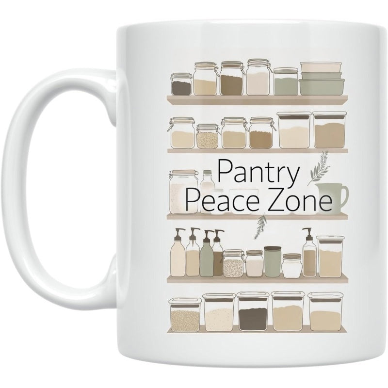 Tailorly White Ceramic 11 oz Mug - Pantry Peace Zone Organized Kitchen Still Life With Jars And Bottles On Shelves