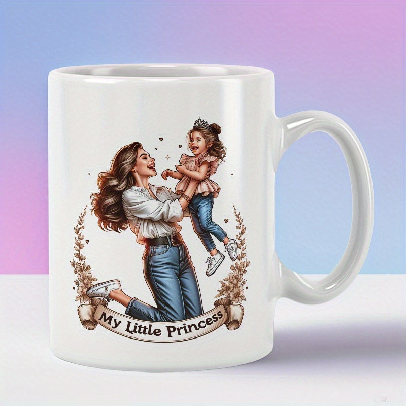Tailorly White Ceramic 11 oz Mug - My Little Princess Smiling Mother Lifting Her Happy Daughter Surrounded By Floral Wreath Mother And Daughter