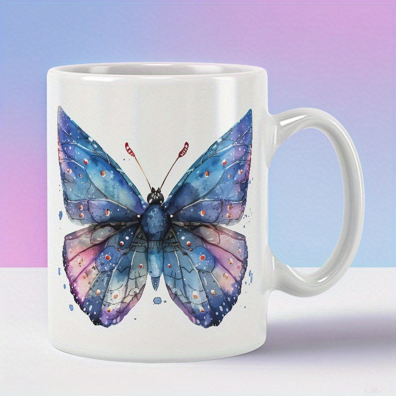 Tailorly White Ceramic 11 oz Mug - Elegant Watercolor Art With Vibrant Blue And Purple Wings Spreading Gracefully Butterfly