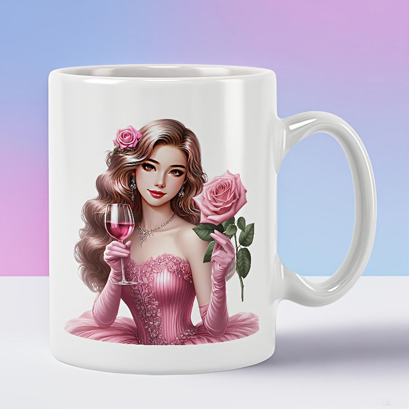 Tailorly White Ceramic 11 oz Mug - Elegant Beautiful Lady In Pink Gown Holding Wine And Rose Woman
