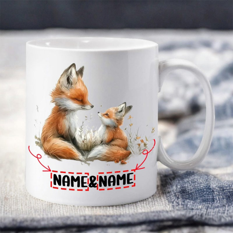 Tailorly White Ceramic 11 oz Mug - Name Name Artistic Watercolor Mother And Baby Sitting Among Wild Grass Fox