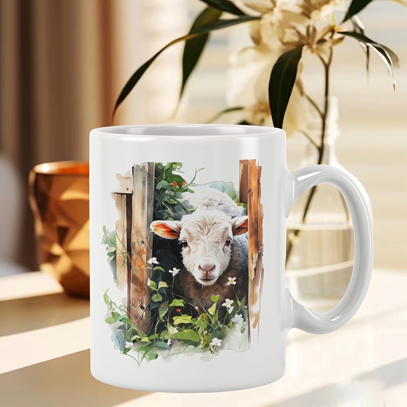 Tailorly White Ceramic 11 oz Mug - Adorable Fluffy Peeking Through Rustic Wooden Fence Among Green Leaves Lamb