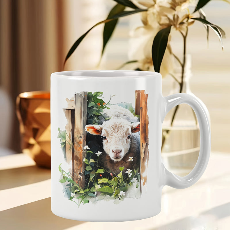 Tailorly White Ceramic 11 oz Mug - Adorable Fluffy Peeking Through Rustic Wooden Fence Among Green Leaves Lamb
