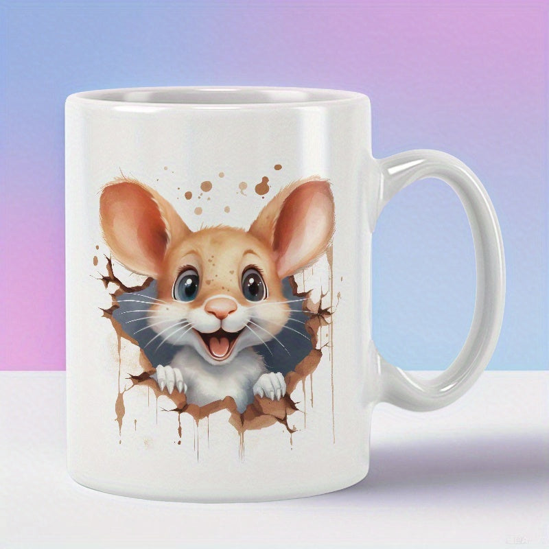Tailorly White Ceramic 11 oz Mug - Cute Little Brown Mouse Peeking From A Cracked Wall Hole Surface Mouse