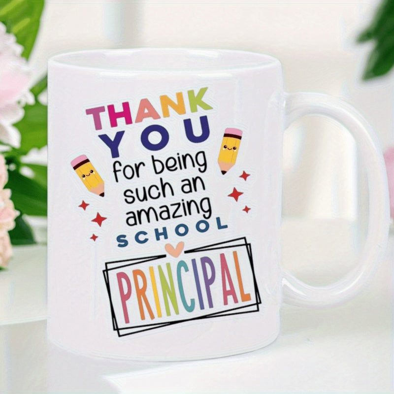 Tailorly White Ceramic 11 oz Mug - Thank You For Being Such An Amazing School Principal Colorful Typography With Smiling Cartoon Pencils And Bright Decorative
