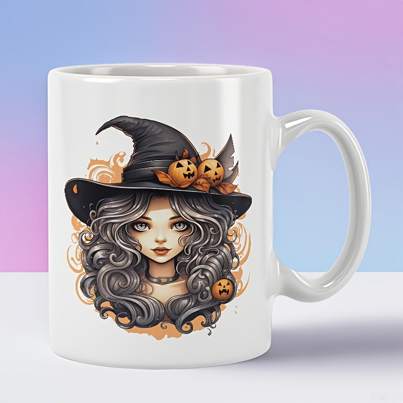 Tailorly White Ceramic 11 oz Mug - Mystical Halloween Theme With Curly Hair Girl Wearing Pumpkin Hat Witch