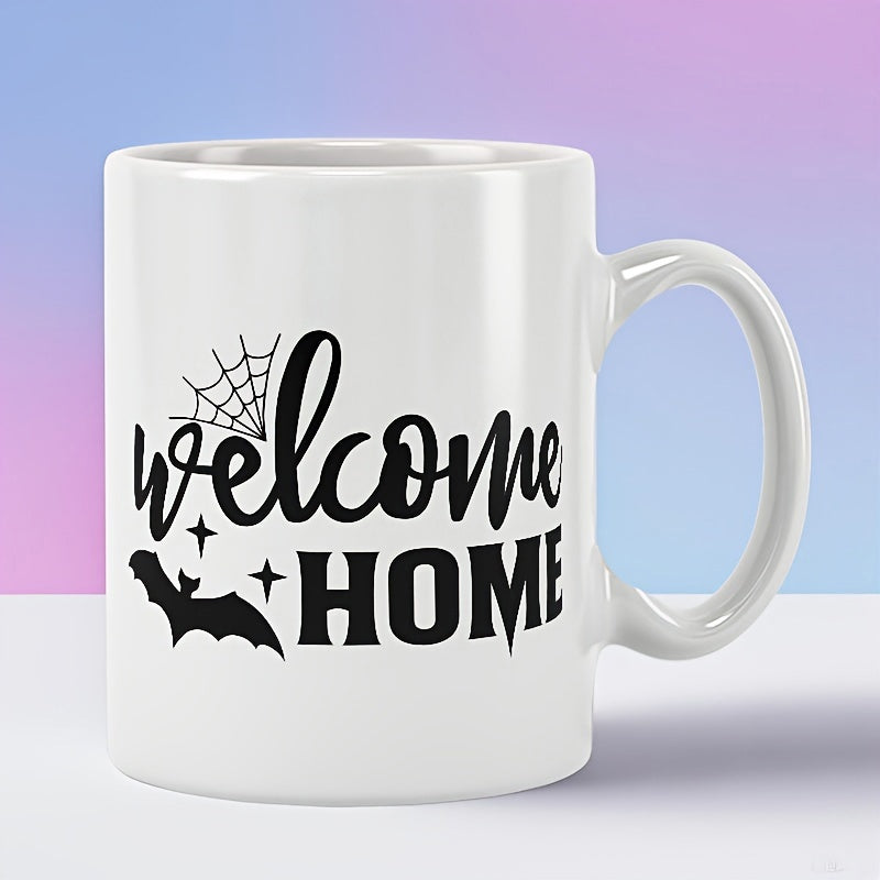 Tailorly White Ceramic 11 oz Mug - Welcome Home Spooky Halloween Style With Flying Bat And Spider Web Mug