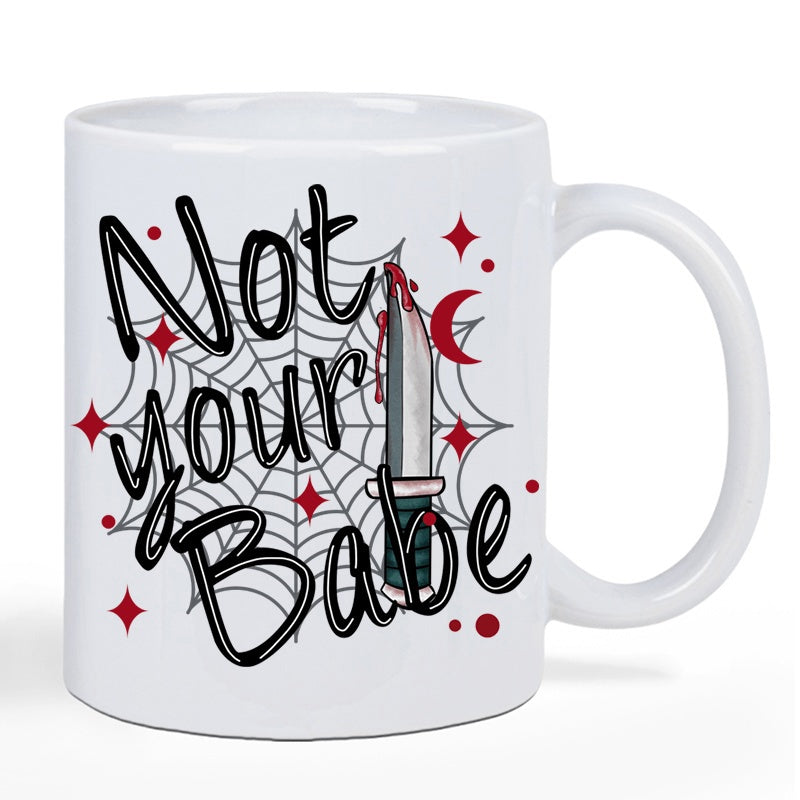 Tailorly White Ceramic 11 oz Mug - Not Your Babe Spooky Spiderweb Pattern With A Sharp Bloody Blade And Small Stars Dagger