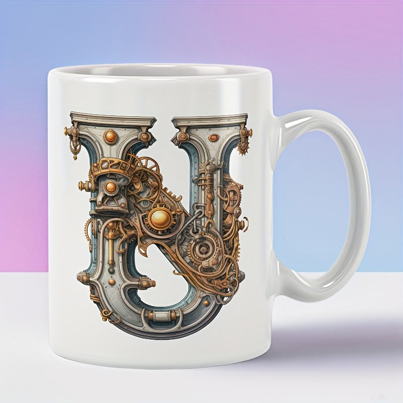 Tailorly White Ceramic 11 oz Mug - U Intricate Mechanical Steampunk Style With Ornate Cogs And Gears Metallic Letter