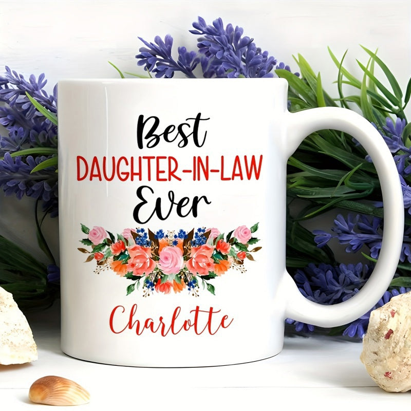Tailorly White Ceramic 11 oz Mug - Best Daughter In Law Ever Charlotte Vibrant Floral Bouquet With Pink Roses And Green Leaves Mug