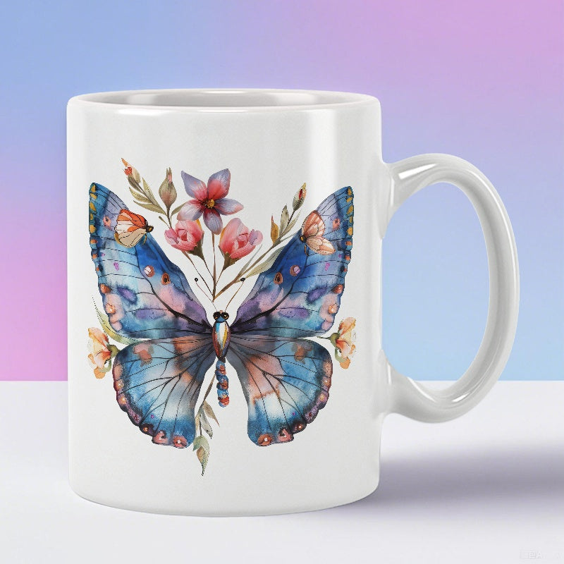 Tailorly White Ceramic 11 oz Mug - Watercolor Blue Wings With Delicate Flowers In Elegant Soft Tones Butterfly