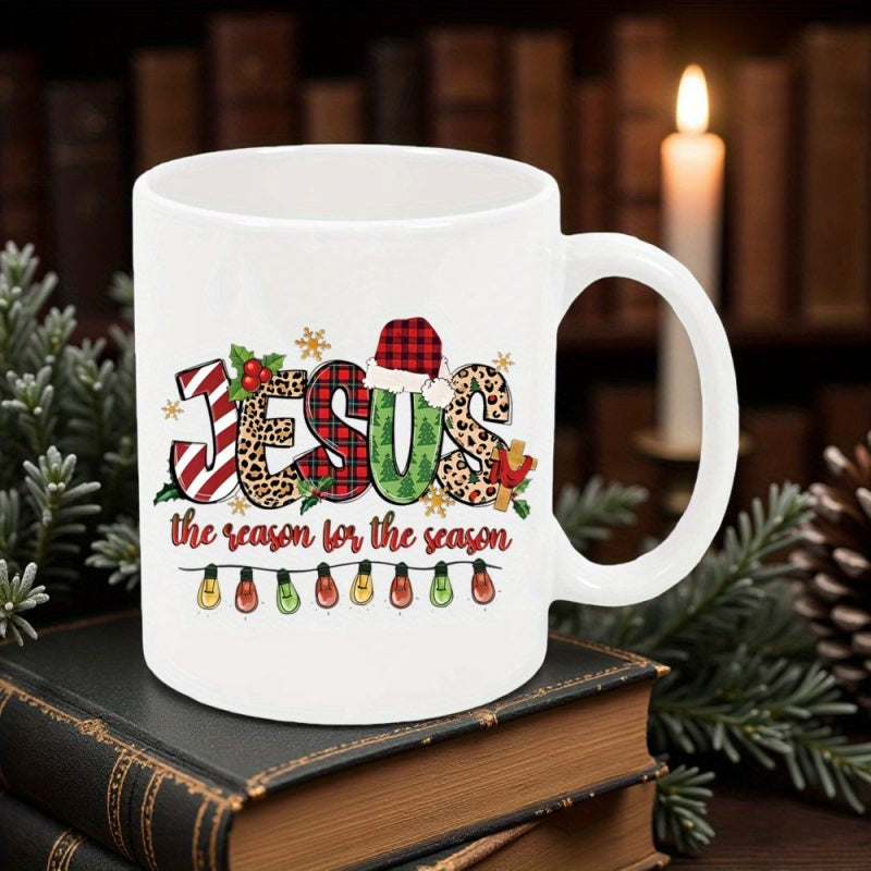 Tailorly White Ceramic 11 oz Mug - Jesus The Reason For The Season Festive Christmas Elements With Leopard Print Plaid And Hanging Colorful Light Bulbs Lettering