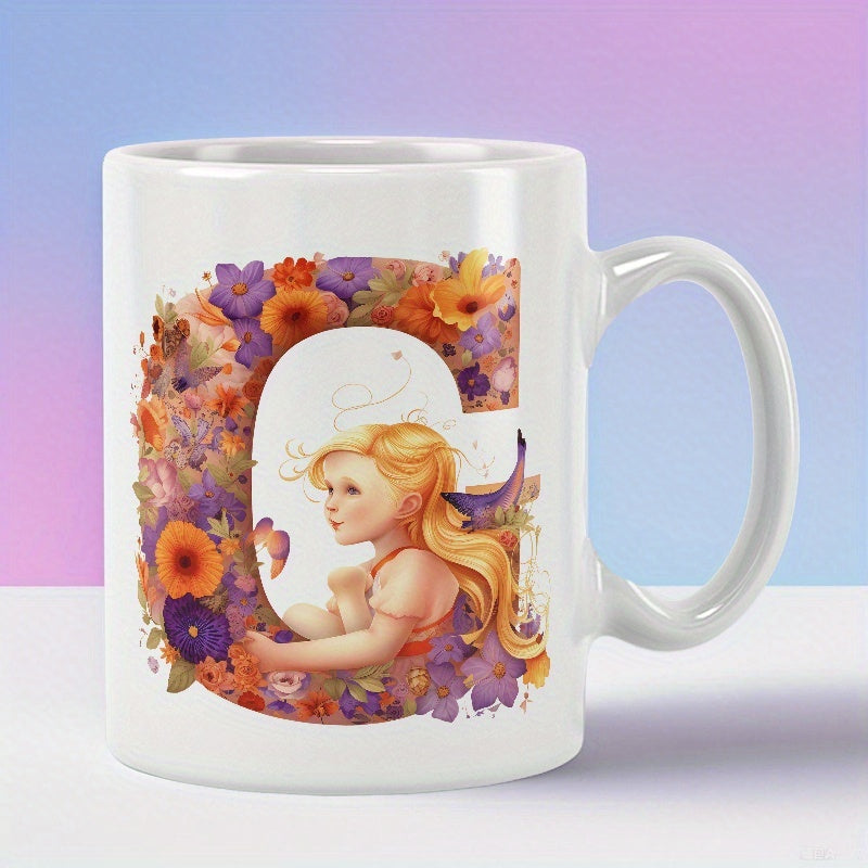 Tailorly White Ceramic 11 oz Mug - C Enchanted Floral Arrangement With Golden Haired Girl Inside Decorative Large Letter