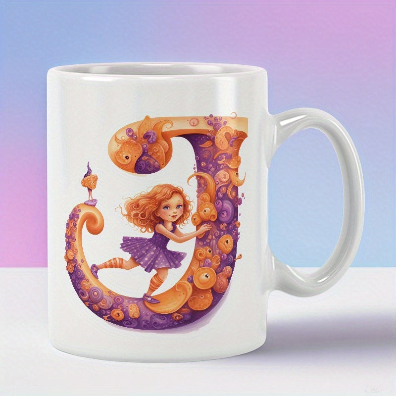Tailorly White Ceramic 11 oz Mug - Whimsical Ornate Letter J With Red Haired Girl In Tutu Illustration