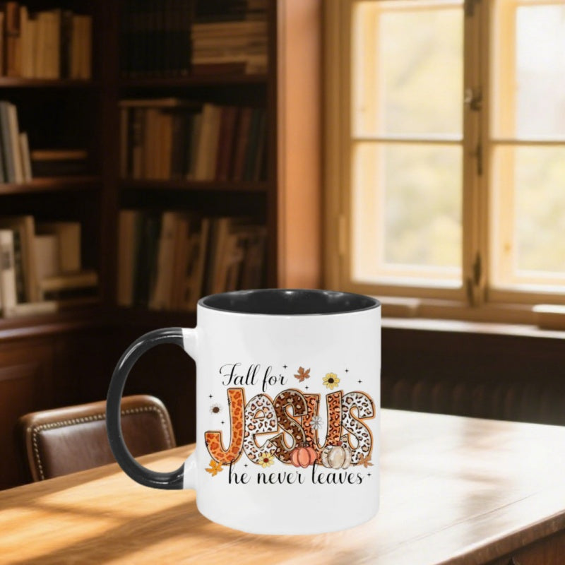 Tailorly Black Accent 11 oz Mug - fall for jesus text with water elements
