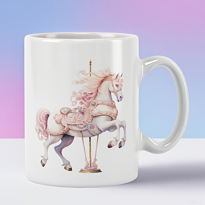 Tailorly White Ceramic 11 oz Mug - Elegant Watercolor Carousel Horse With Pink Mane And Decorative Golden Pole Horse