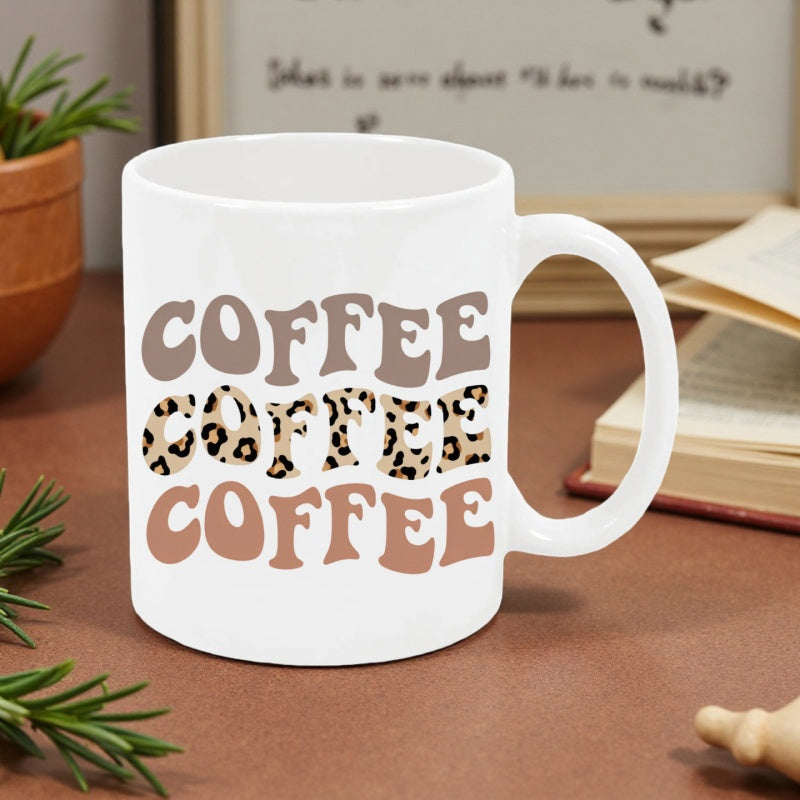 Tailorly White Ceramic 11 oz Mug - Coffee Coffee Coffee Wavy Retro Style Typography With Cheetah Leopard Print Pattern Mug