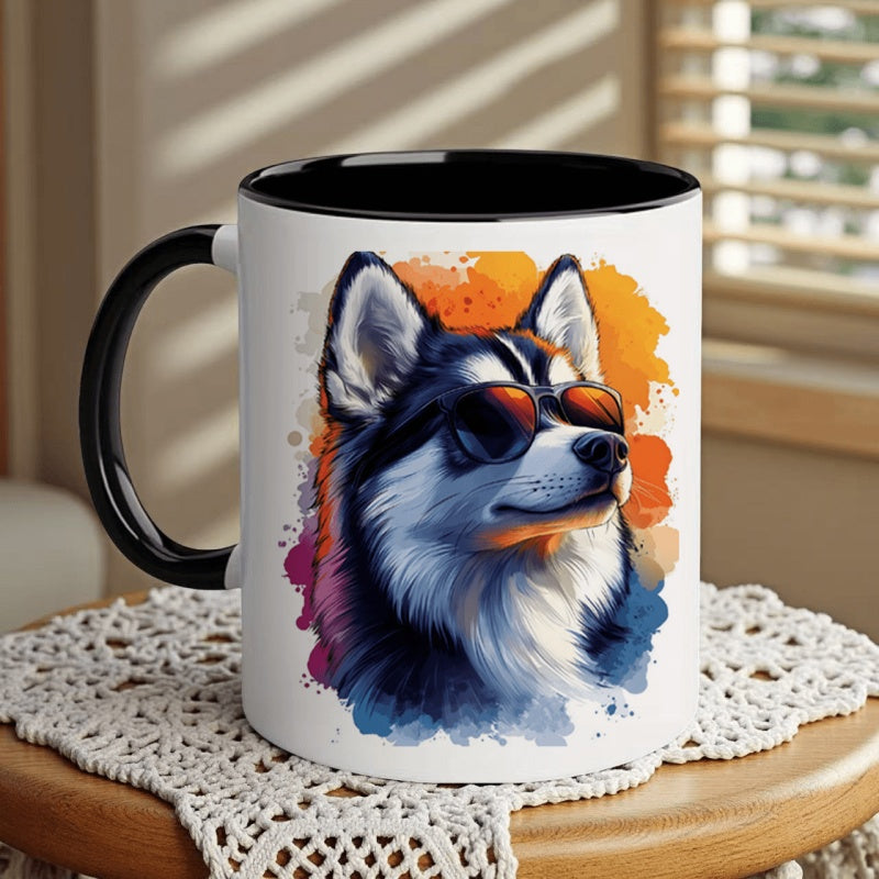 Tailorly Black Accent 11 oz Mug - puppy with fashion glasses