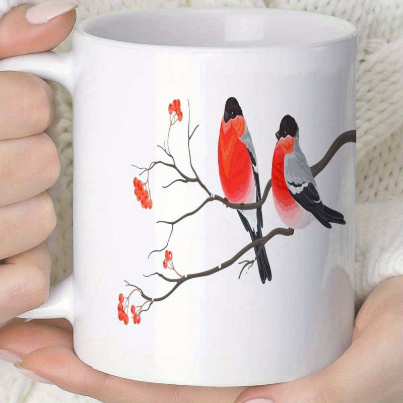 Tailorly White Ceramic 11 oz Mug - Two Vivid Red Bullfinches Perched On Delicate Winter Berry Branches Birds