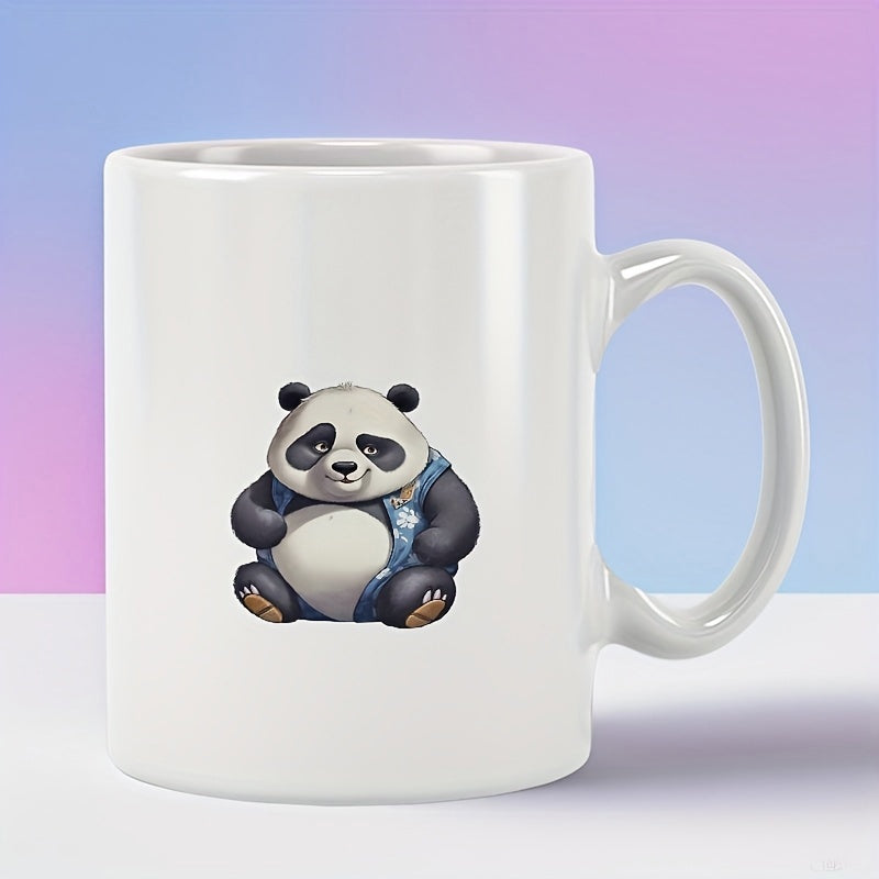 Tailorly White Ceramic 11 oz Mug - Adorable Sitting Cartoon Panda Wearing Blue Denim Vest Panda