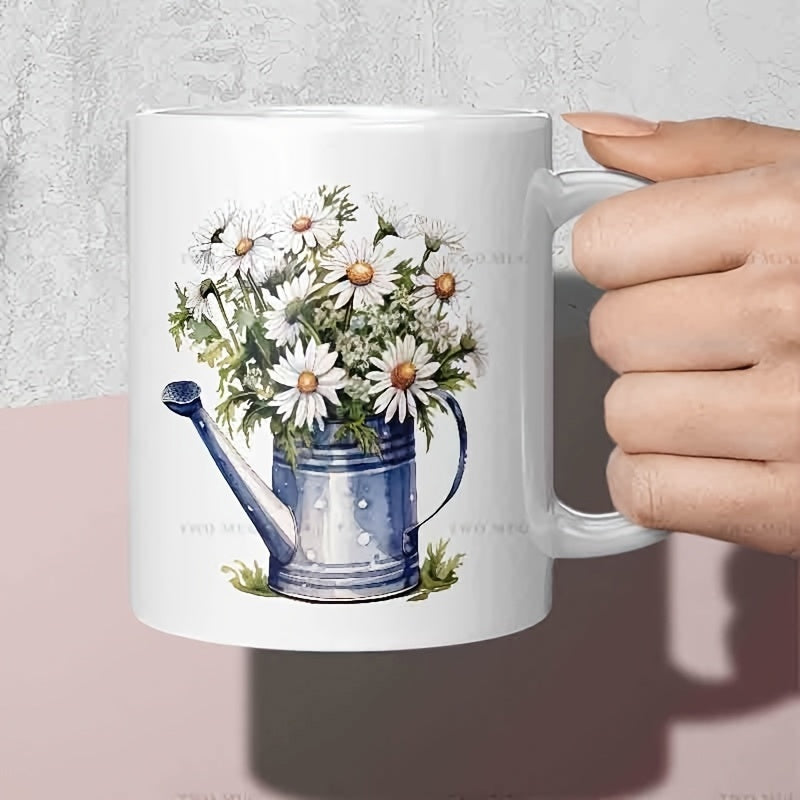 Tailorly White Ceramic 11 oz Mug - Vintage Blue Watering Can Filled With Fresh White Blooming Spring Daisies