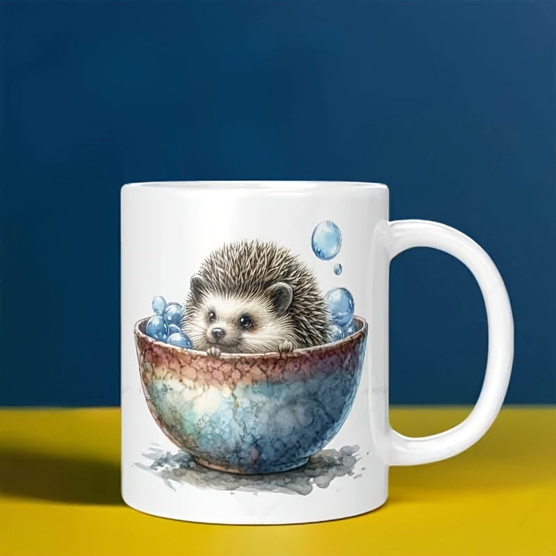 Tailorly White Ceramic 11 oz Mug - Adorable Tiny Creature Sitting Inside Ceramic Bowl With Bubbles Hedgehog
