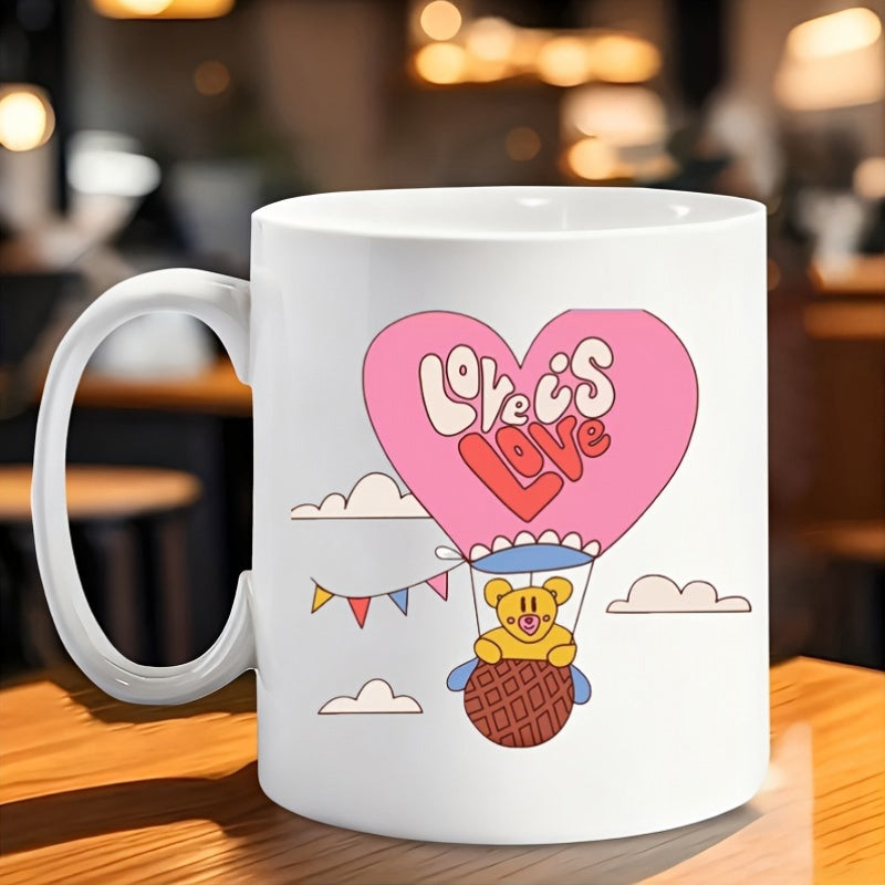 Tailorly White Ceramic 11 oz Mug - Love Is Love Pink Heart Hot Air Balloon Floating Among Clouds With Cute Teddy Bear