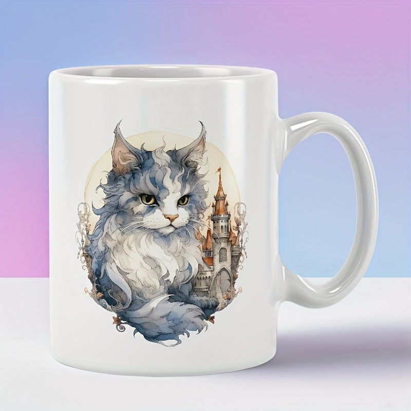 Tailorly White Ceramic 11 oz Mug - Fluffy Blue Grey Feline Sitting Beside Enchanted Fairy Tale Tower Fortress Cat