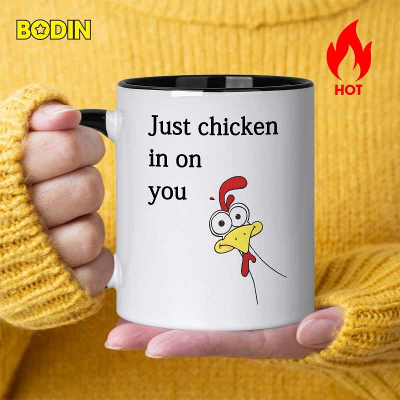 Tailorly Black Accent 11 oz Mug - humorous design with a cartoon chicken