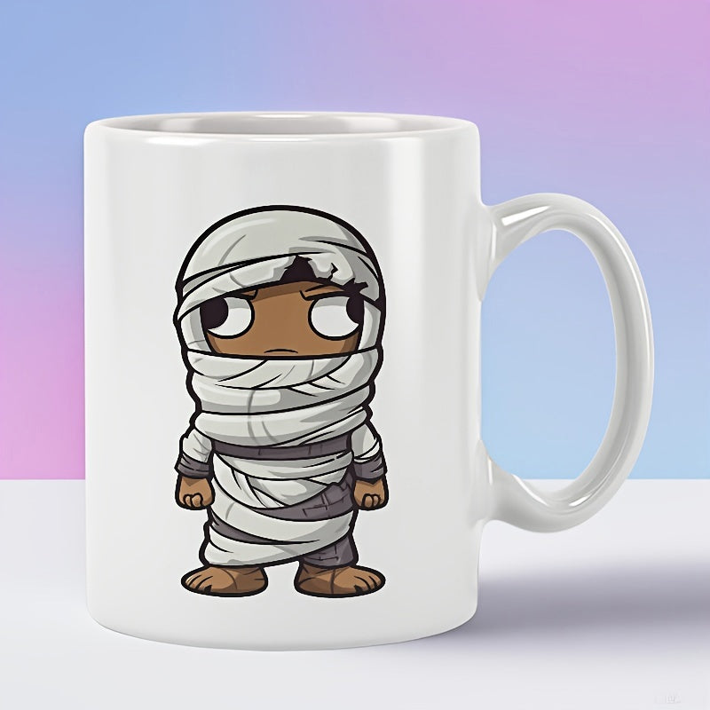 Tailorly White Ceramic 11 oz Mug - Cute Cartoon Character Wrapped In White Bandages Standing On Plain Ground Mummy